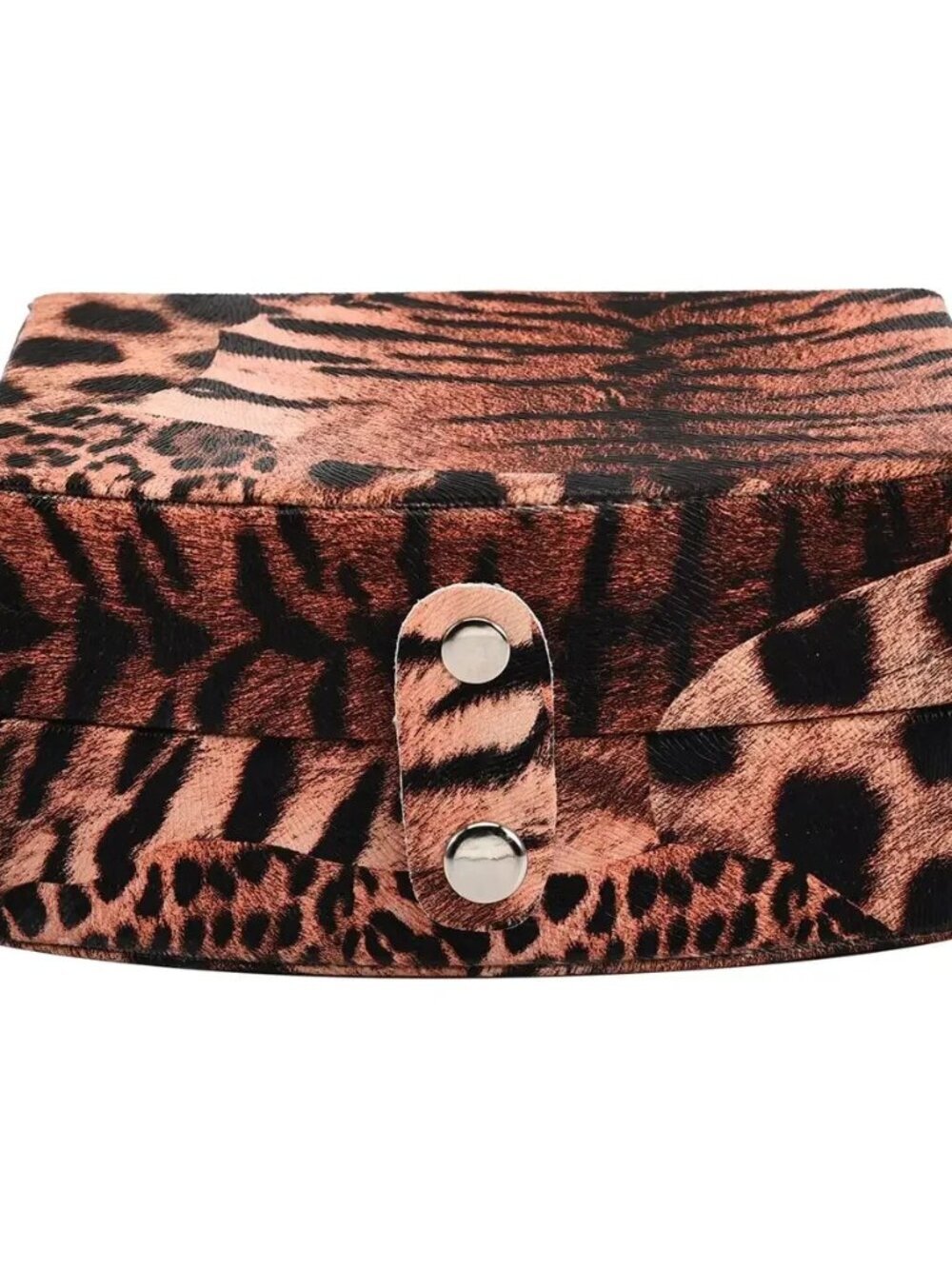 Leopard Pattern Faux Leather Small Travel Jewelry Box with Button Clasp Brown